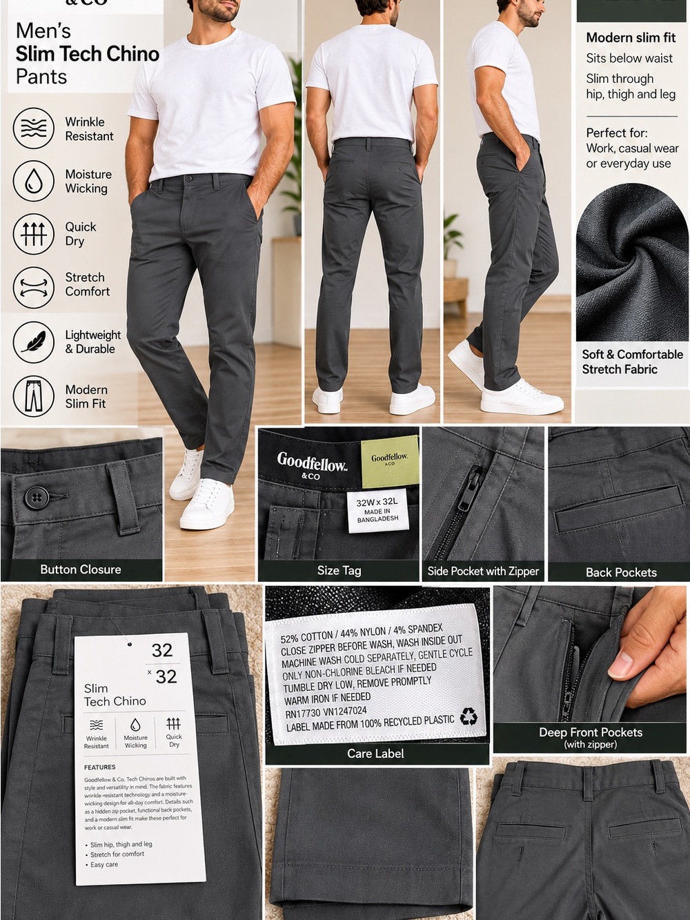 Goodfellow & Co Men's Slim Tech Chinos - Charcoal Gray